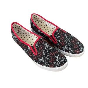 Disney Woman’s Minnie Mouse Bows Black, White, Red Slip On Sneakers Size 10